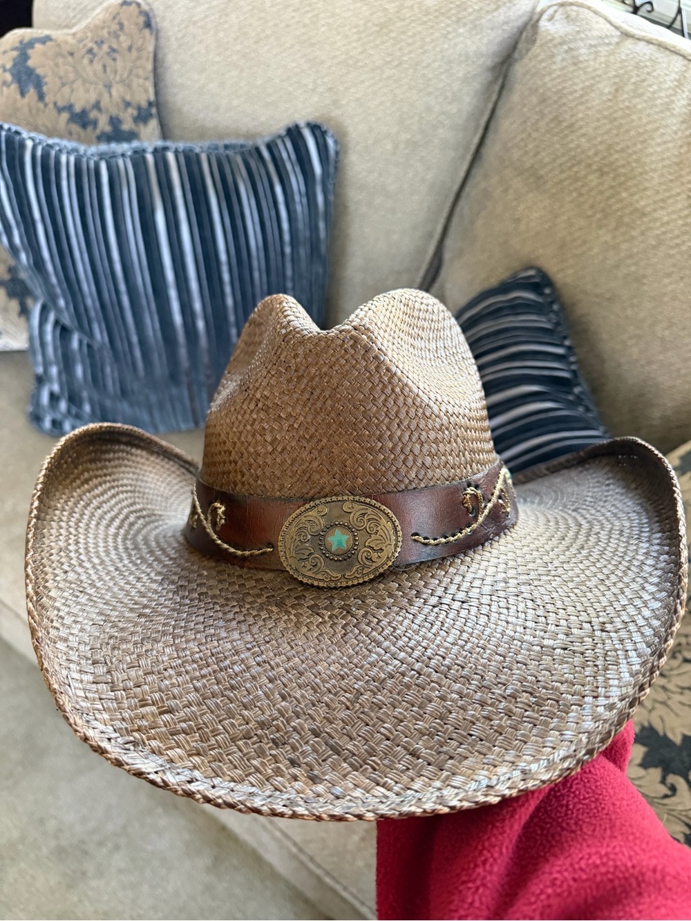 Brown Straw Cowboy Hat with Decorative Leather Band